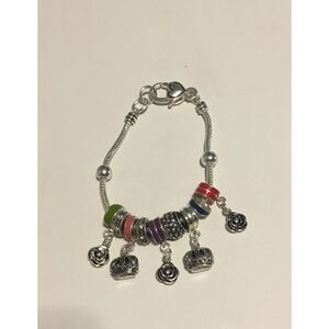 Trendy Silver Rose & Crown Bead Bracelet~kn